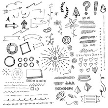 Hand Drawn Sketch Doodles, Including Plant Life, Punctuation Marks, Arrows, Hearts, Sunbursts, Circles, Decorative Border Edges, Empty Banners, Swirls, Pyramids, And Whimsical Lines And Scribbles