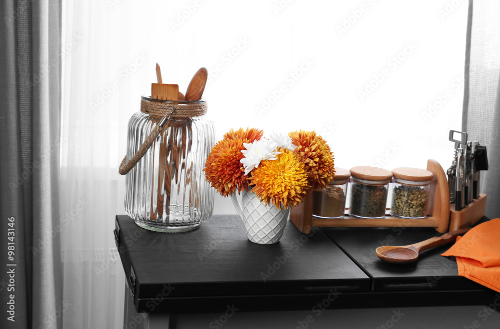 Kitchen equipment on the table, close up