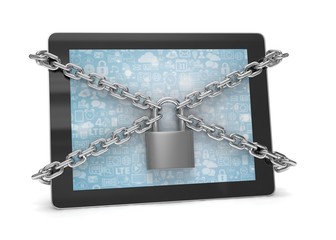 tablet PC with chains and lock isolated on white background