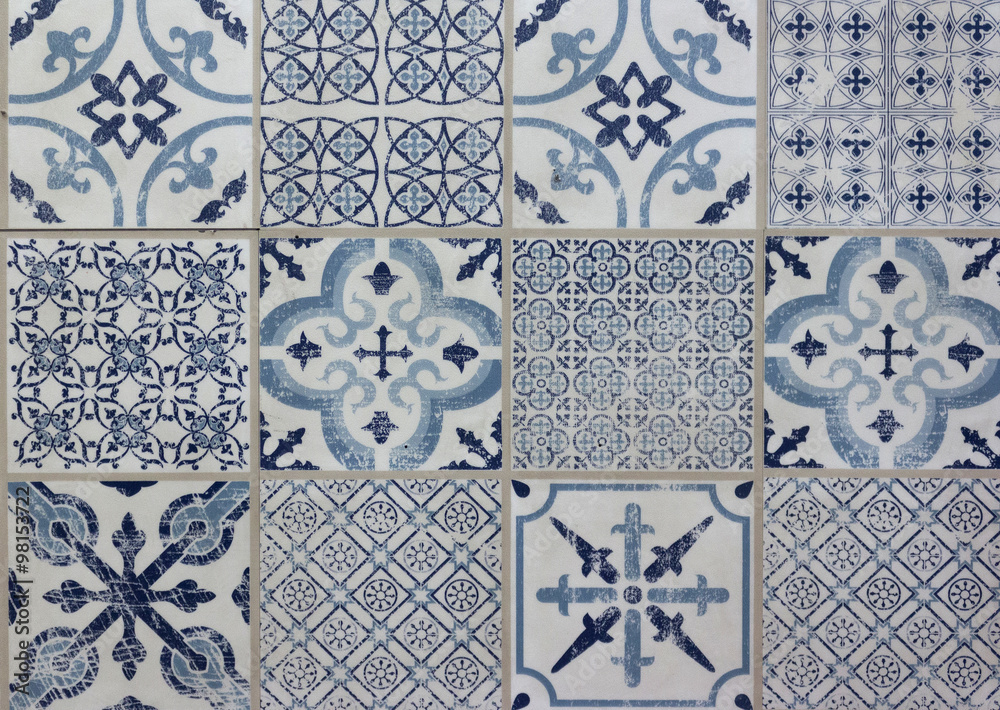 decorative tile pattern patchwork design - blue, white - obrazy, fototapety, plakaty 