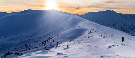 Wall Mural - Hiking on snowy mountain range. Sunlight falls on a snow. Tired tourists moving towards sun, leaving a trail. Evening. Winter. Ukraine.