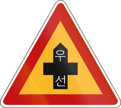 Korea Traffic Safety Sign - Attention - Priority Road. The script means priority