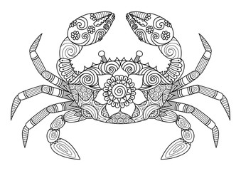 Hand drawn zentangle crab for coloring book for adult, tattoo, logo and so on