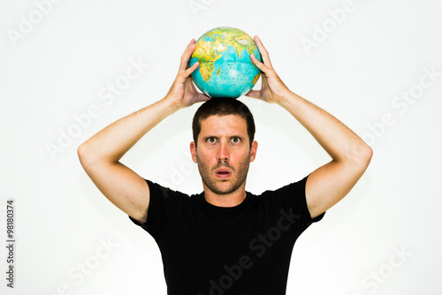 Close Up Of Smiling Caucasian Man Holding A World Globe Over His Head Conceptual Image Isolated On White Background With Copyspace Stock Photo Adobe Stock
