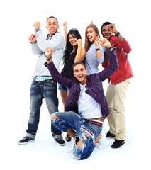 Poster - Happy group of people with arms up - isolated over white