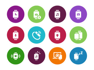 Wall Mural - Smart watch with applications circle icons on white background.