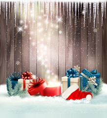Poster - Christmas holiday background with presents and magic box. Vector