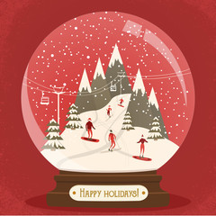 Fabulous glass ball with ski resort landscape and people entertain winter sports. Snowboarders and Skiers on the mountain inside snow globe. Happy holidays greeting card