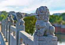 Stone Lion Sculpture, Symbol Of Protection & Power In Oriental Asia Especially China
