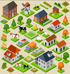 farm toy blocks isometric set. isolated. map elements. vector illustration