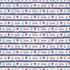 Poster - seamless stripes pattern with hearts and anchors