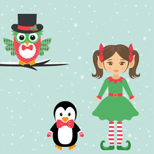 Girl Elf And Owl And Penguin