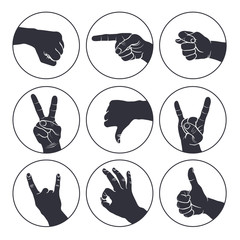 Wall Mural - Human gestures icons. People hand signs. Man hands outline isolated on white background. Ok, thumb up, thumb down, fig, victory, pointing finger, sign of the horns.