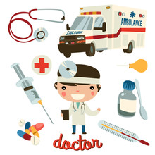 Doctor Boy Cute Character. Medic Tools Set.