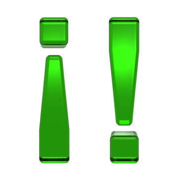 Exclamation mark from emerald alphabet set, isolated on white. Computer generated 3D photo rendering.
