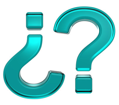 Question mark from turquoise alphabet set, isolated on white. Computer generated 3D photo rendering.