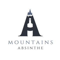 mountain absinthe concept with bottle in letter a