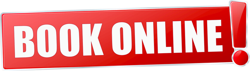 modern red book online vector sign in red with metallic border and a exclamation mark