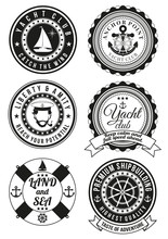 Set Of Black Yacht Club And Sea Theme Round Badges Isolated On White Background. Collection Of Elements For Company Logos, Print Products, Page And Web Decor Or Other Design. Vector Illustration.