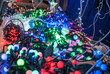 Christmas market stand with tangle of fairy lights
