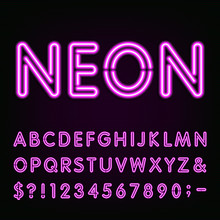 Purple Neon Light Alphabet Font. Neon Effect Letters, Numbers And Symbols On The Dark Background. Vector Typeface For Labels, Titles, Posters Etc.