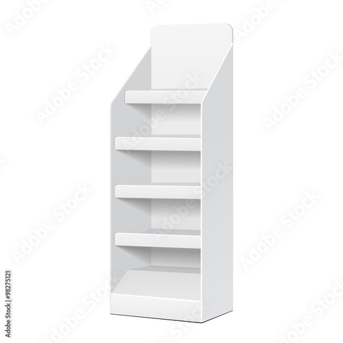 Fotografie, Obraz White POS POI Cardboard Blank Empty Displays With Shelves Products On White Background Isolated