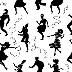 Wall Mural - Seamless pattern with black silhouettes of people dancing in retro style, no white objects, EPS 8