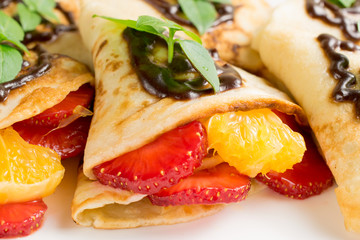 Poster - Pancakes with strawberries and orange