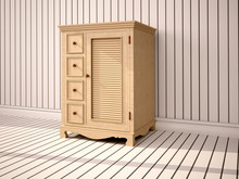 3d Illustration Of Closed Wooden Cupboard In White Interior