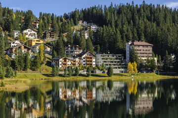 view of the arosa city from obersee, switzerland