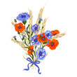Beautiful bouquet of cornflowers, poppies and wheat spikelets, tied with silk ribbon