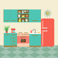 Flat Retro Kitchen With Checkered Floor. Vector Illustration