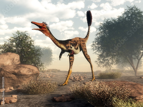 Fototapeta na wymiar Mononykus dinosaur in the desert - 3D render