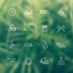 Poster - Logging, sawmill line white icons, logging truck, timber, lumberjack, wood, tree harvester, vector illustration