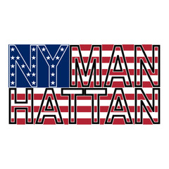 New York Manhattan typography on background of american flag. Sport T-shirt fashion graphics. Design print for sportswear apparel. NYC original wear. Vector illustration