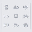 Transport thin line icons, car, van, minivan, bus, train, airplane, ship, vector illustration