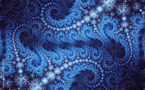 Plakat Abstrakcjonistyczny fractal, dekoracyjni błękitów kędziory na ciemnym tle