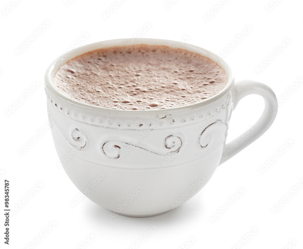 White cup of creamy cacao, isolated on white