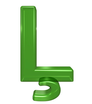 One letter from green glass alphabet set, isolated on white. Computer generated 3D photo rendering.
