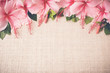 Pink Hibiscus flowers on linen, International Women's Day background