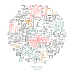  Linear repair tools icons in circle