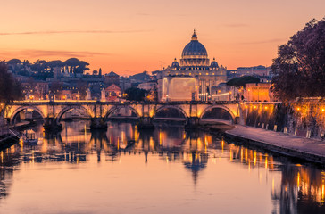 Fototapete - Rome, Italy: St. Peter's Basilica, Saint Angelo Bridge, Tiber River