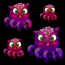 Set Of Four Cute Playful Purple Octopus