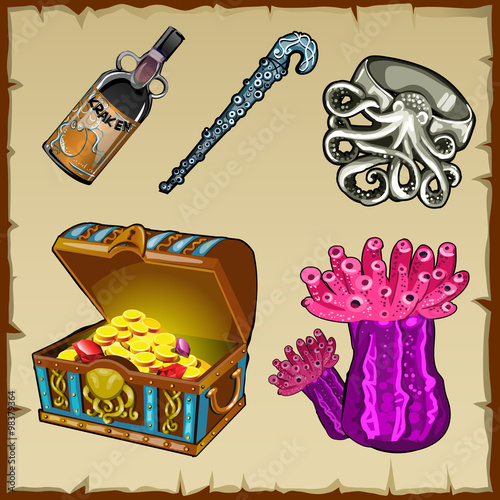 Fotomural Set of underwater world objects and chest of gold