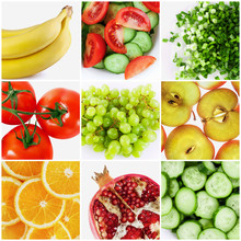 Collage Of Diverse Fruits And Vegetables. A Set Of Photos. Promotion Of Healthy Eating.