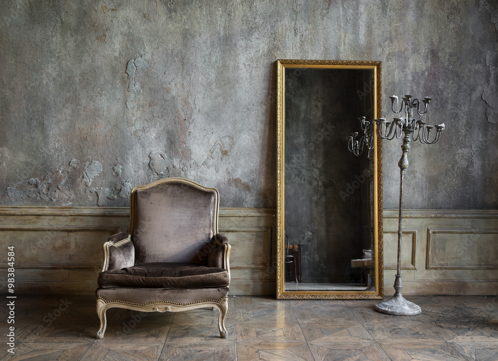 In the room are antique mirror and a chair - obrazy, fototapety, plakaty 