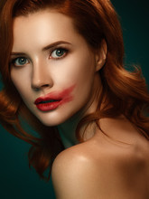 Portrait Of Young Caucasian Redhead Female, Red Smeared Lips