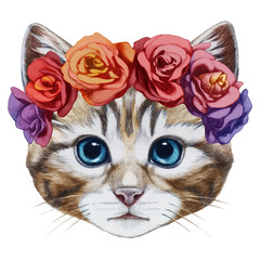 Portrait of Cat with floral head wreath. Hand-drawn illustration, digitally colored.