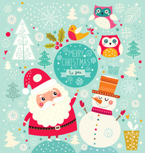 Vector Cheerful Christmas Illustration With Snowman And Santa Claus