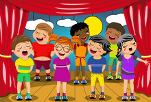 Multicultural Kids Singing On Stage At School Play